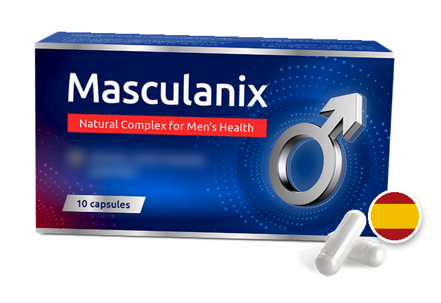 Masculanix — caja de 10 cápsulas (foto del fabricante, eslogan publicitario difuminado)