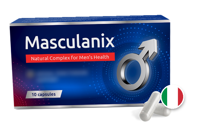 Masculanix — confezione da 10 capsule (foto del produttore, slogan pubblicitario sfocato)